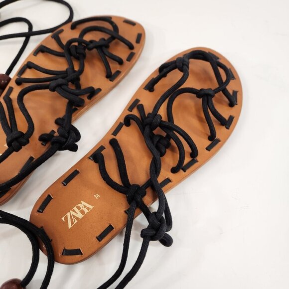 Zara Lace Up Flat Sandals Womens 37 India Black Tie-Up Wooden Bead Accents - Picture 2 of 9